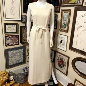 70s Vintage Cream Polyester Square Neck Sleeveless Maxi Dress with Belt Size L